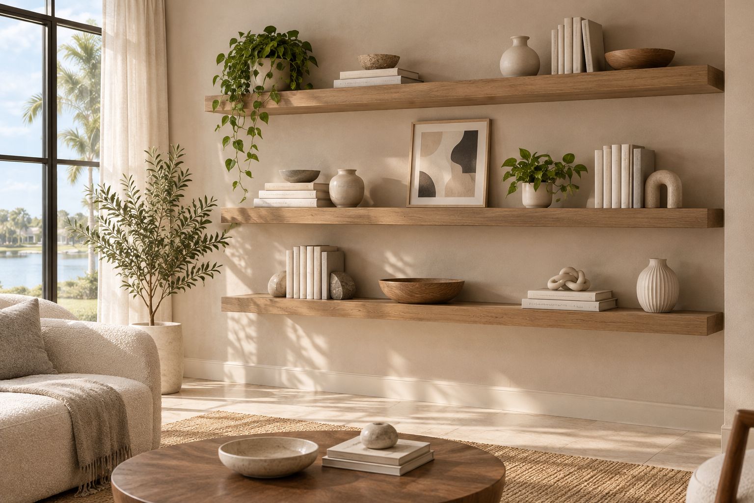 Floating wooden shelves with a small arrangement of books and ceramics on a living-room wall