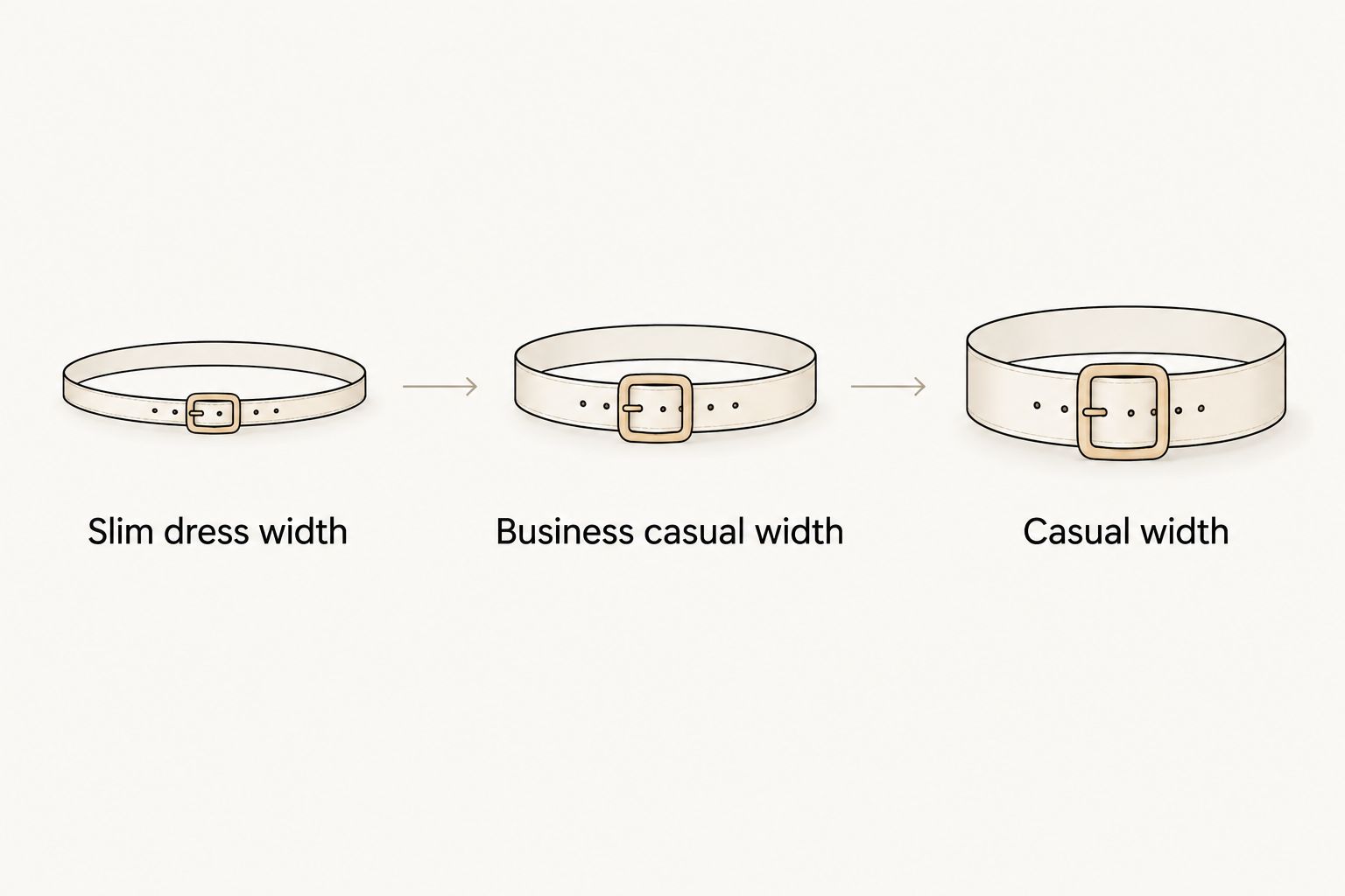 Three-step diagram showing belt width increasing from slim dress to casual