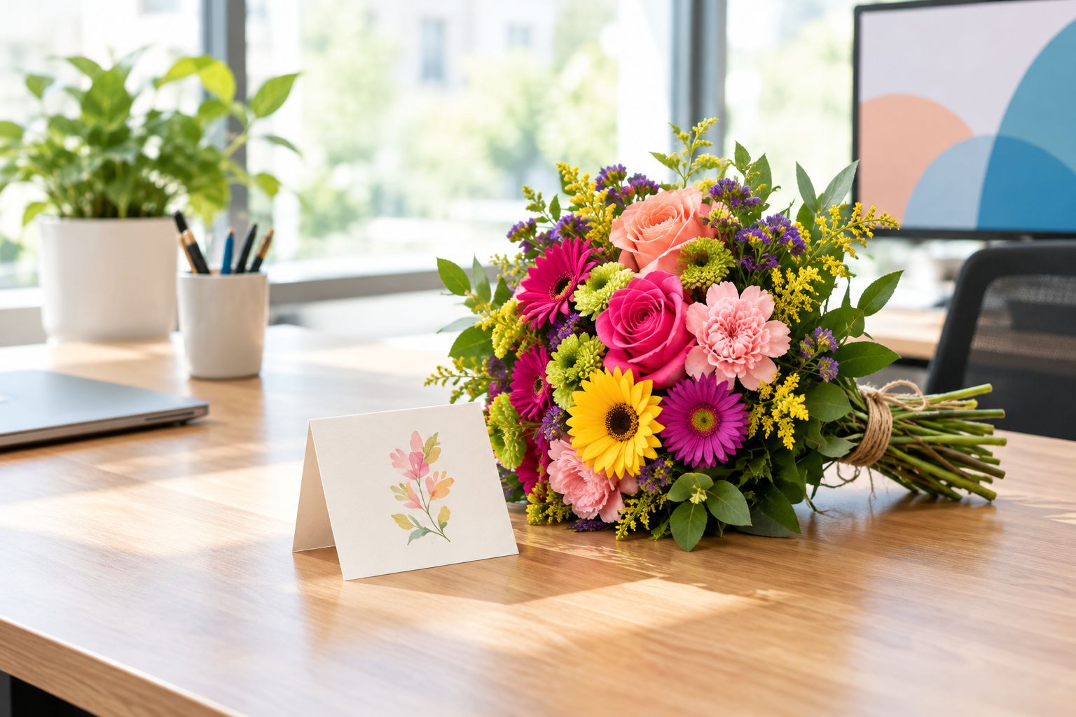 Hand-tied flowers and a card placed on an uncluttered office desk