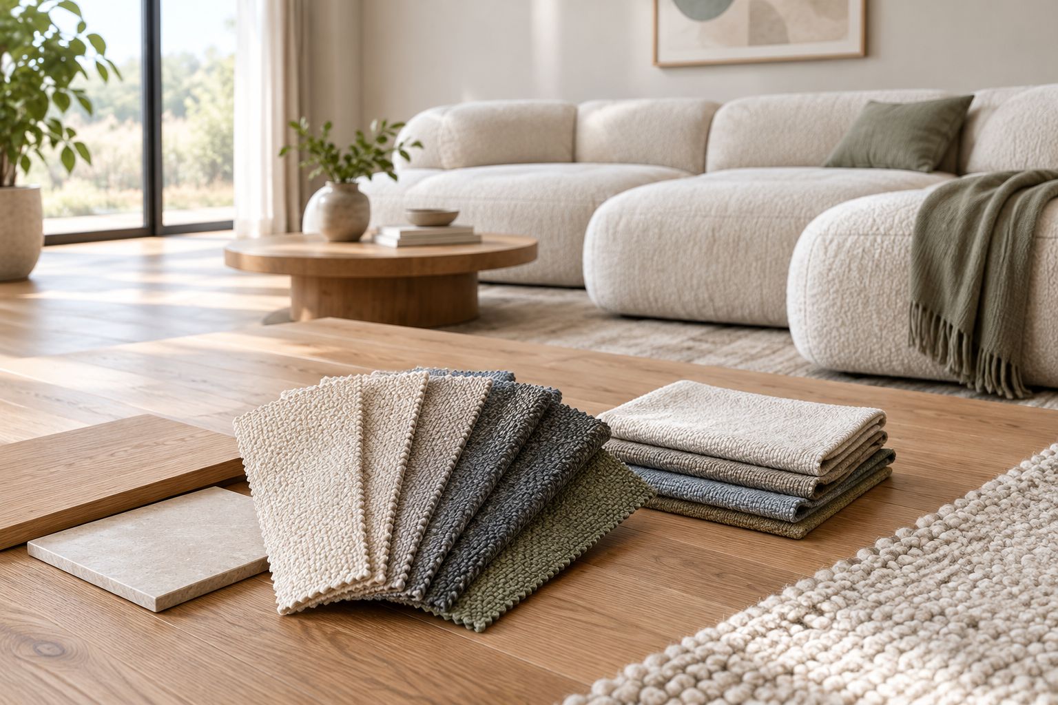 Upholstery swatches compared beside flooring, a rug, and a wall in a living room