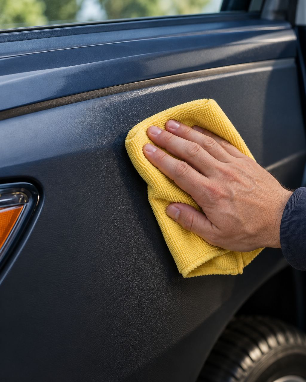 Close-up of a hand wiping a vehicle door panel with a yellow microfiber cloth