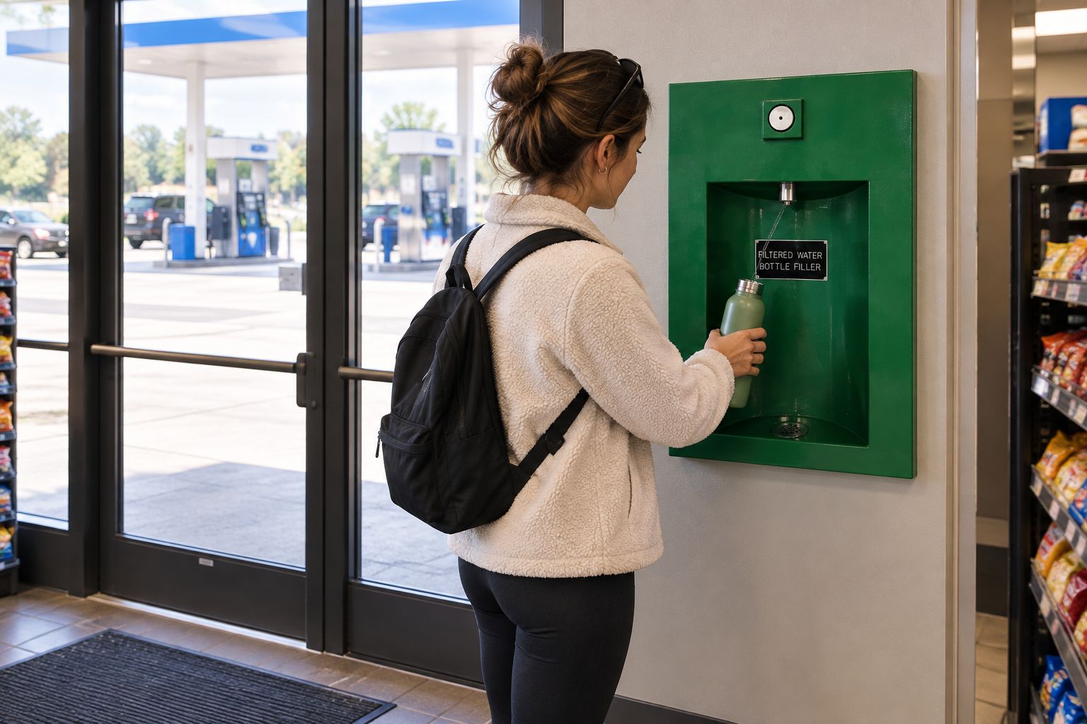 Bottle filling station mounted near a convenience store entrance