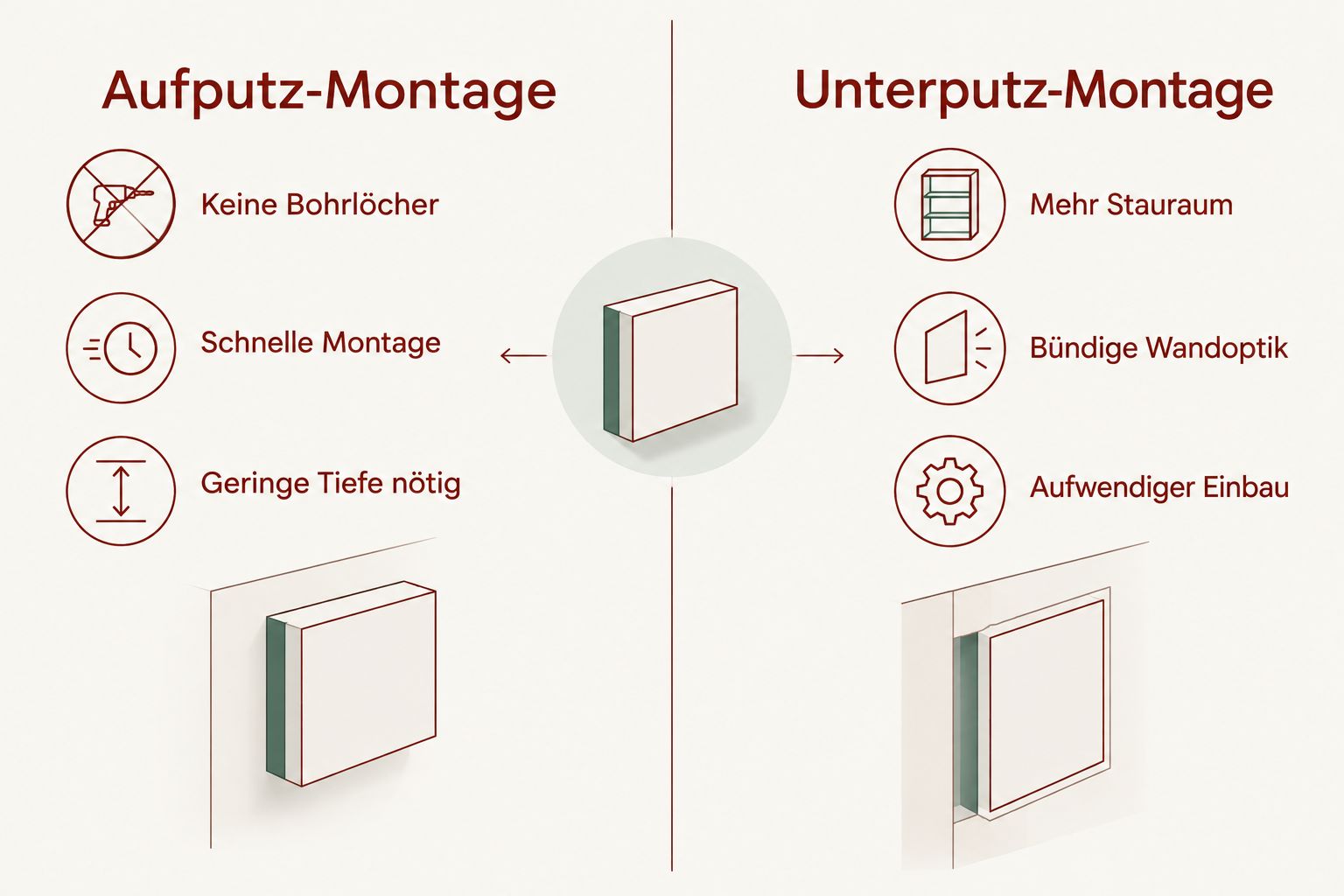 Vergleich von Aufputz- und Unterputzmontage für Spiegelschränke