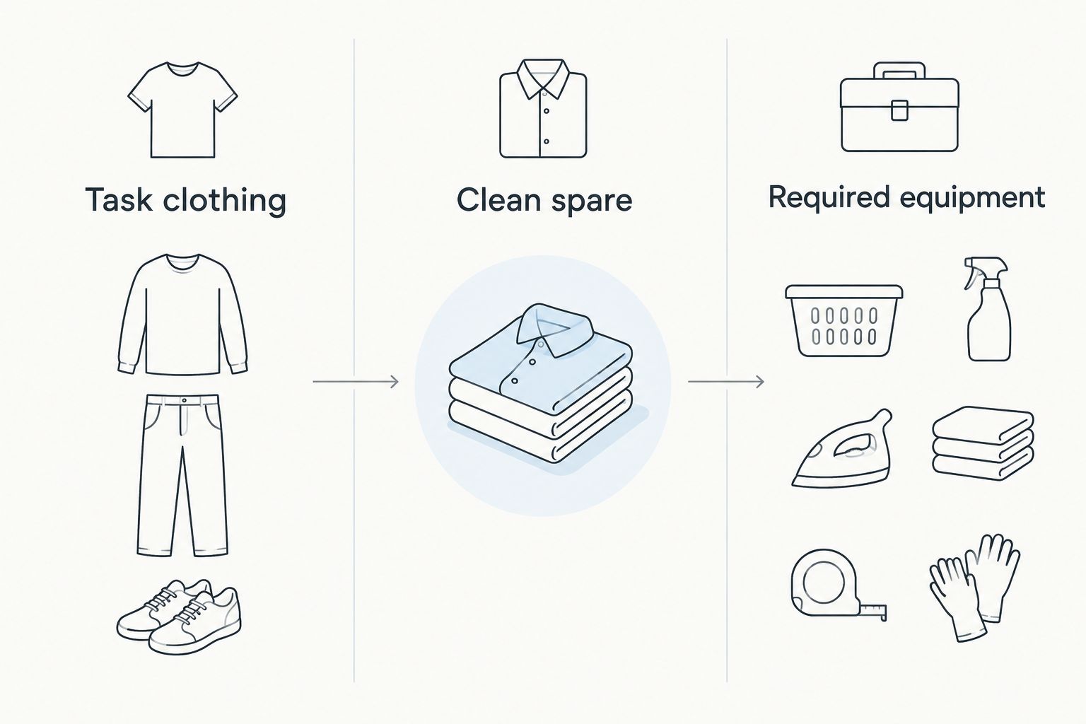Three packing categories: task clothing, a clean spare, and required equipment.