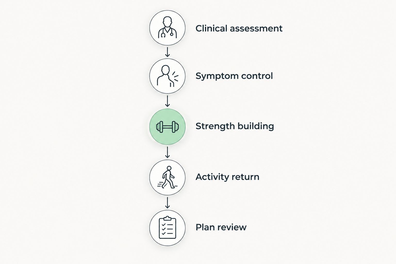 Five rehabilitation stages from clinical assessment through activity return and plan review