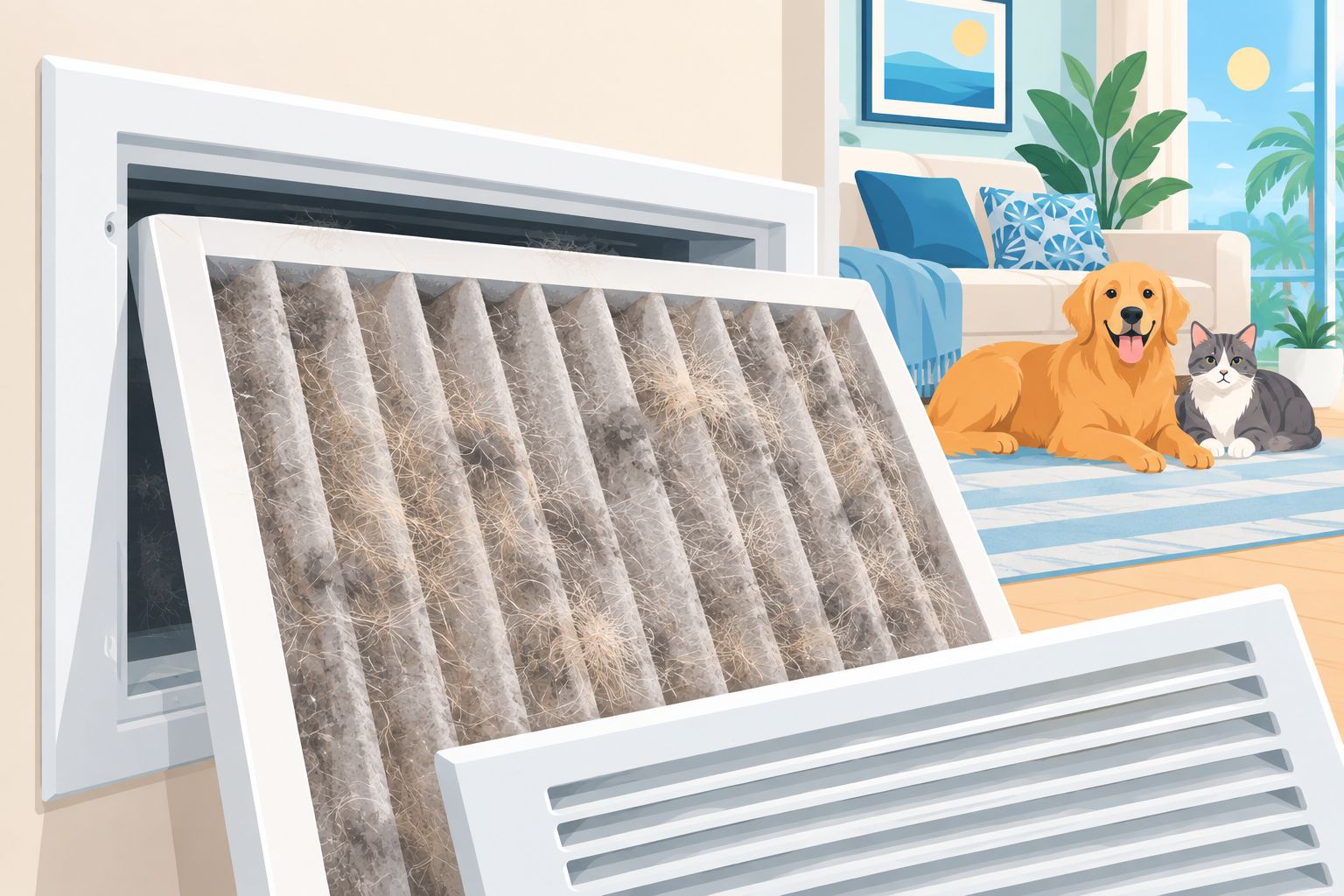 Pleated AC filter covered in pet hair inside a return vent