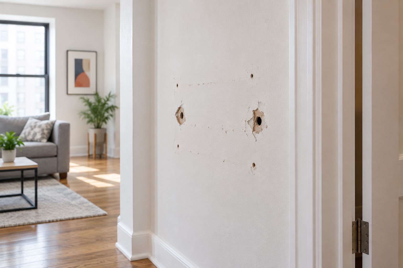 Old mounting holes beside an apartment doorway with the surrounding wall visible