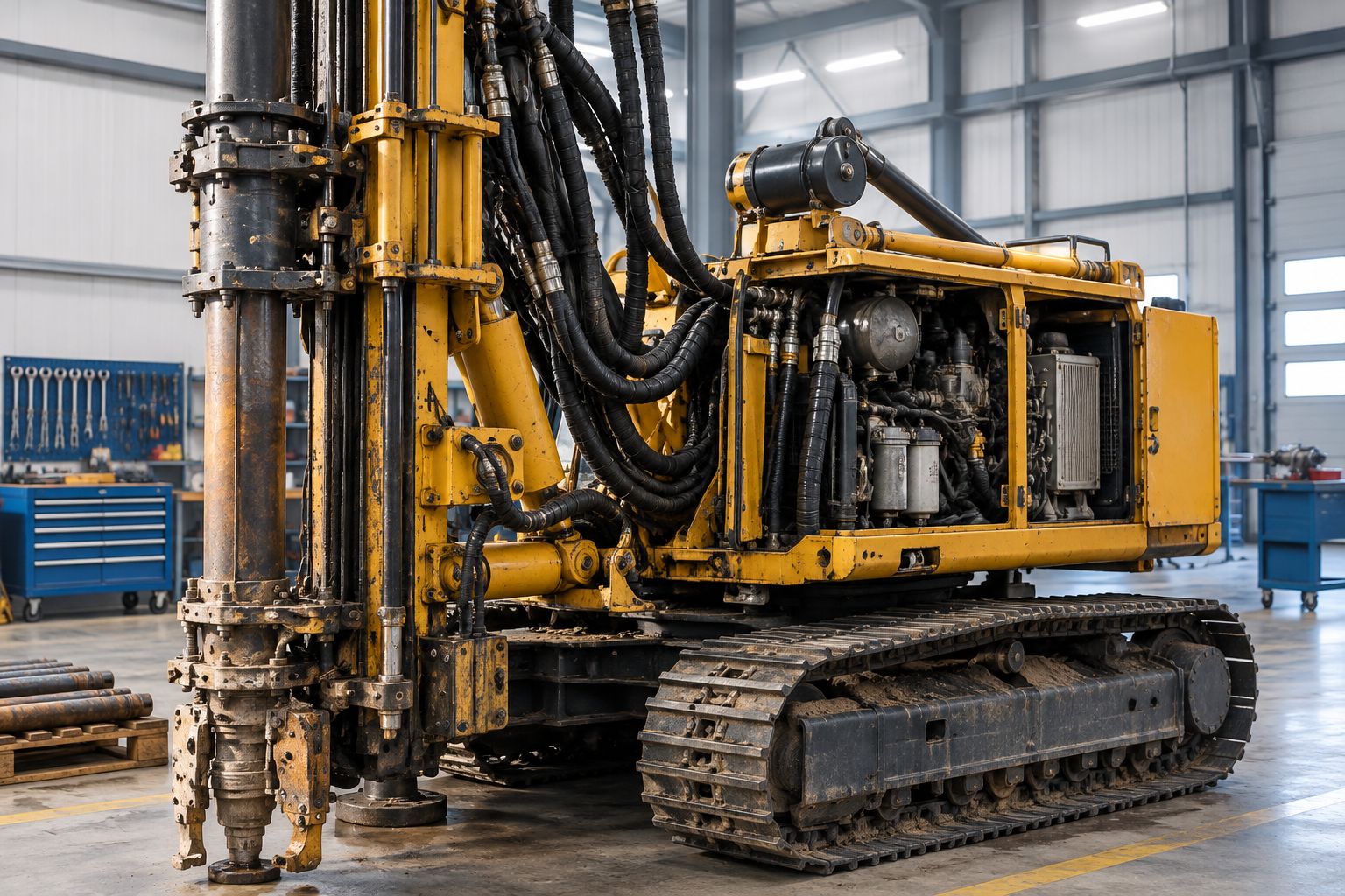Hydraulic hoses and mounting components on a shut-down drill rig in a repair bay