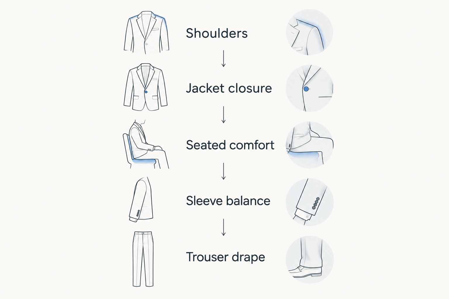 Five wedding outfit checks covering shoulders, jacket closure, seated comfort, sleeves and trouser drape