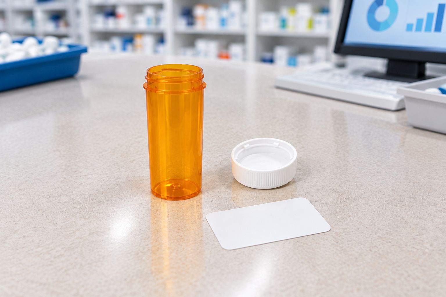 Amber prescription vial, matching cap, and blank label arranged for a packaging fit check