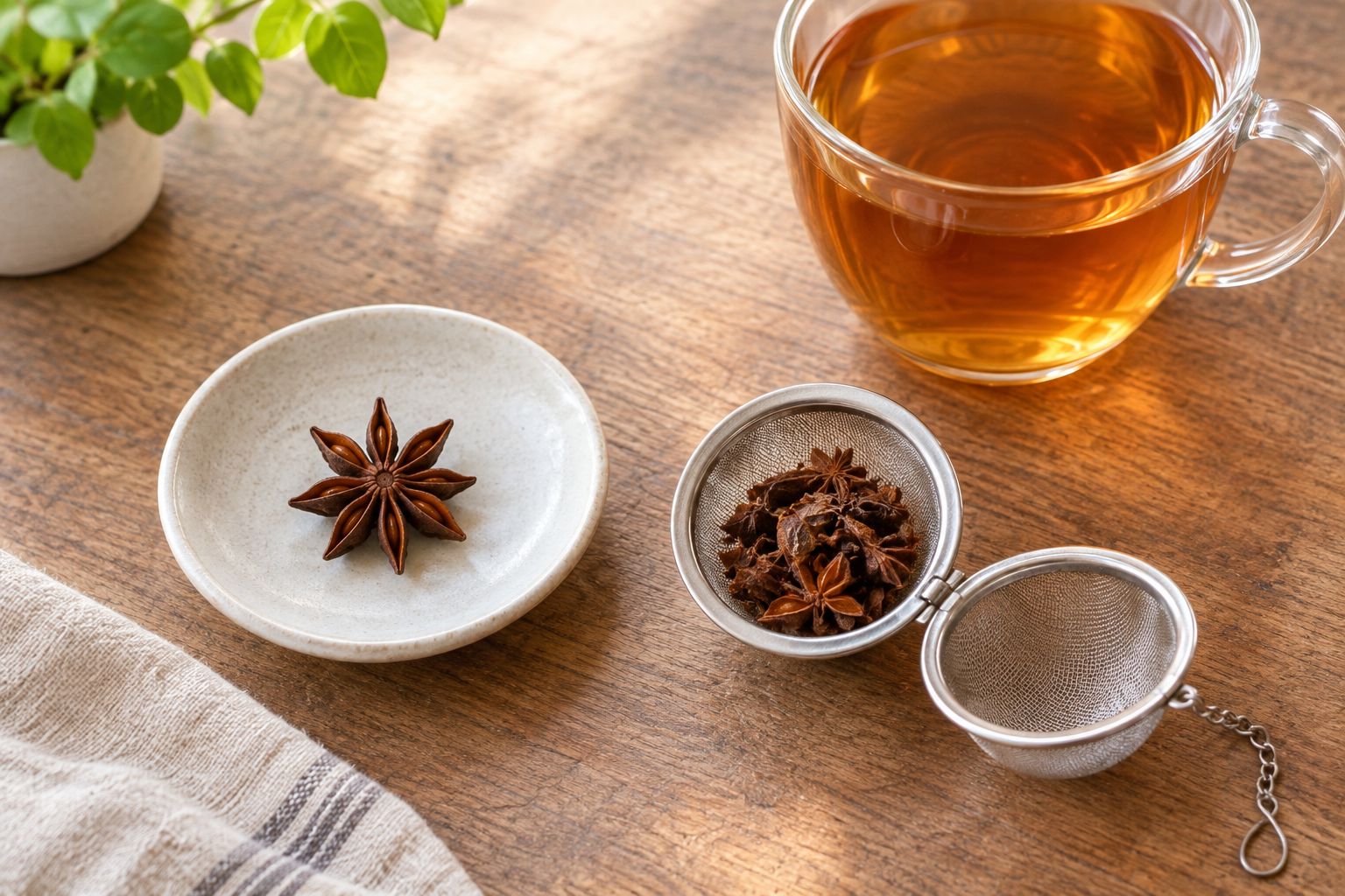 A whole star anise pod beside broken pieces contained in a fine mesh tea infuser