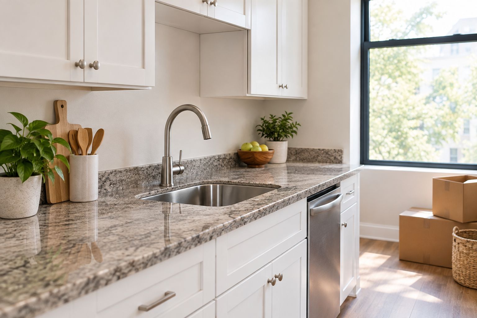 Granite countertop installed in a simple rental apartment kitchen