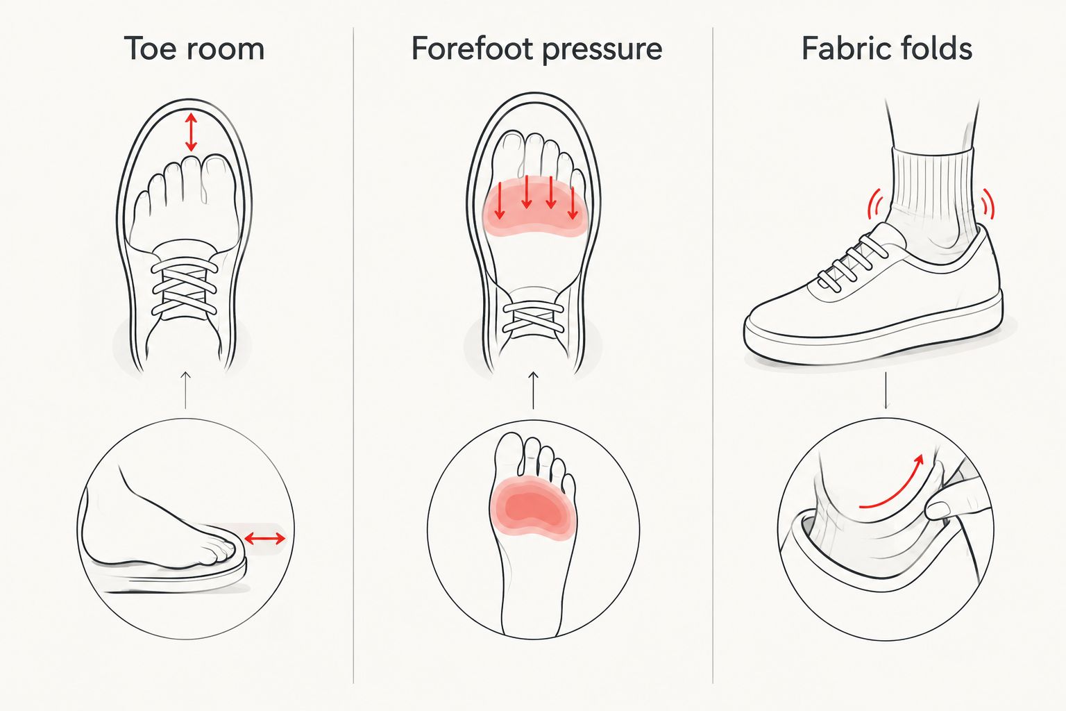 Three footwear checks: toe room, forefoot pressure and fabric folds