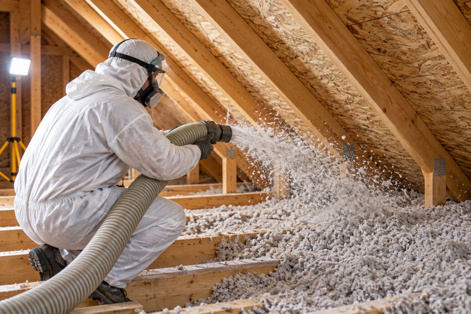 Technician blowing cellulose insulation into an attic