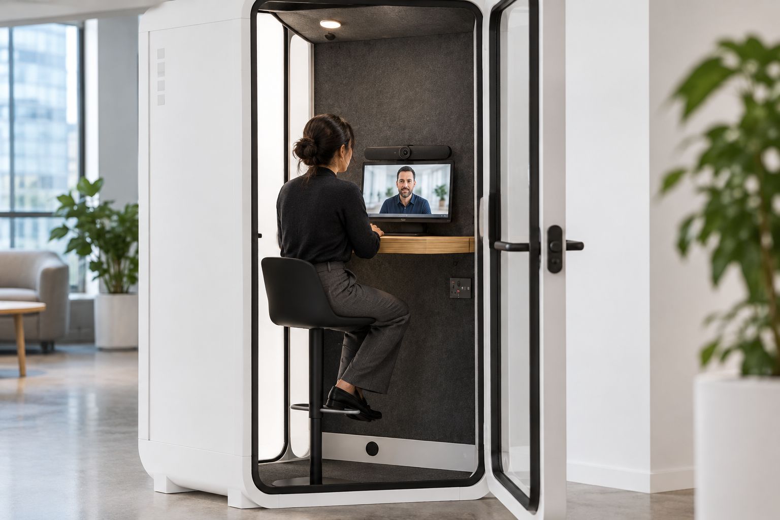 Solo soundproof pod fitted with a compact Teams Rooms display and camera