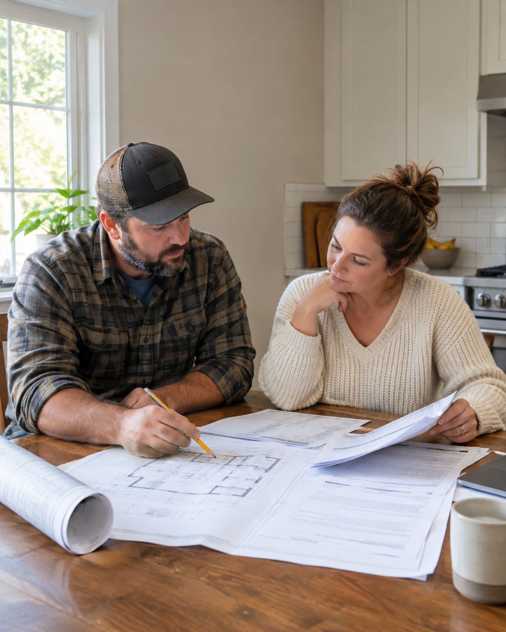 Contractor and homeowner reviewing permit paperwork and building plans at a kitchen table