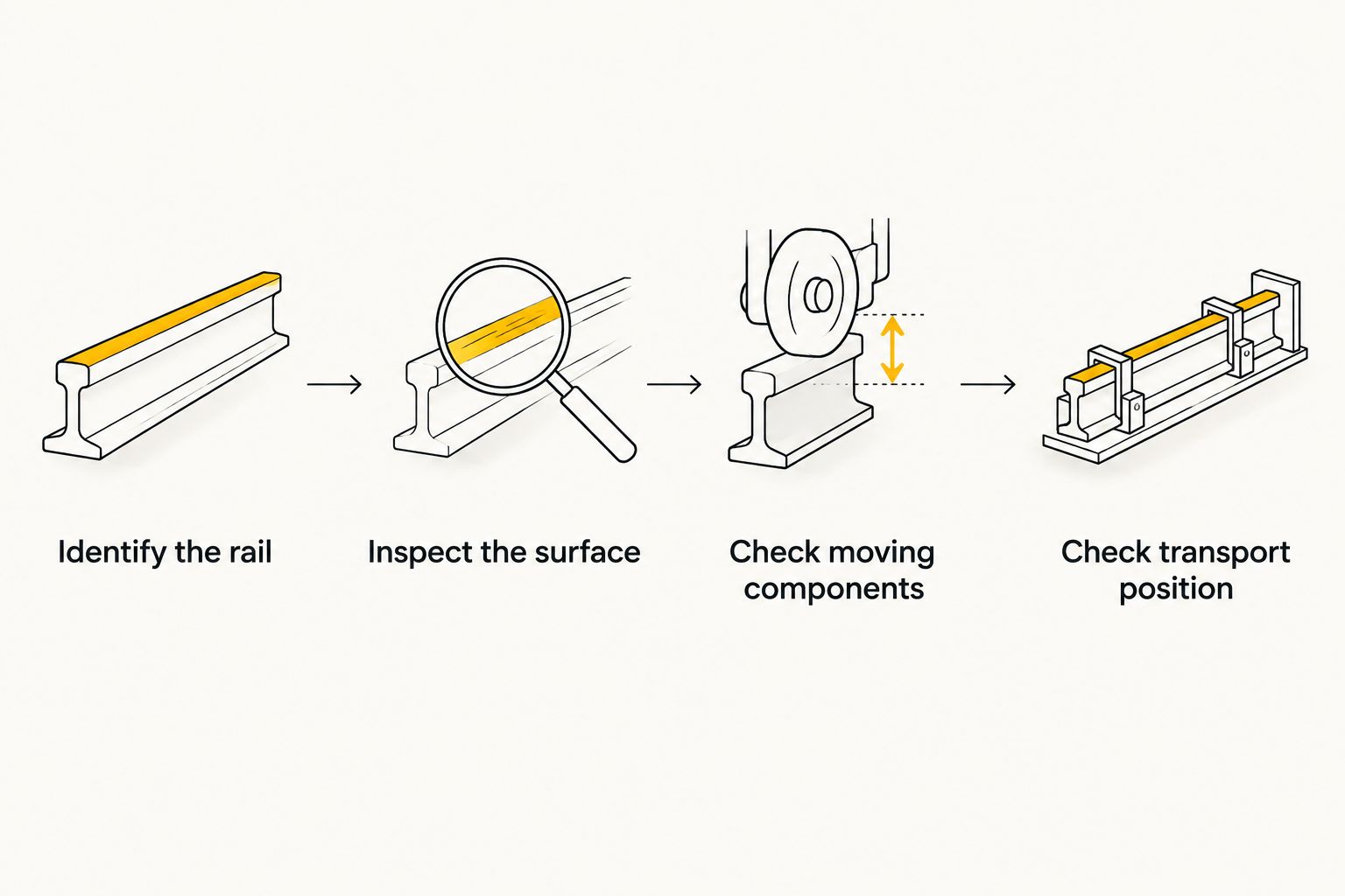 Mounting checks from identifying the rail through checking the transport position