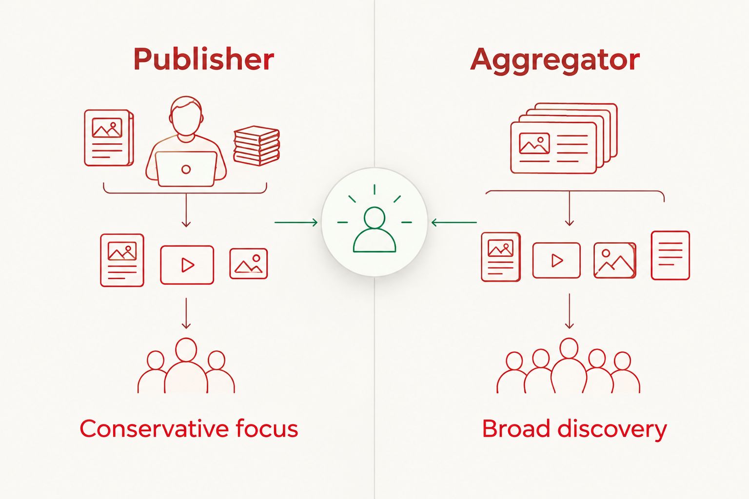 Two-column comparison of a conservative-focused publisher and a broad news aggregator