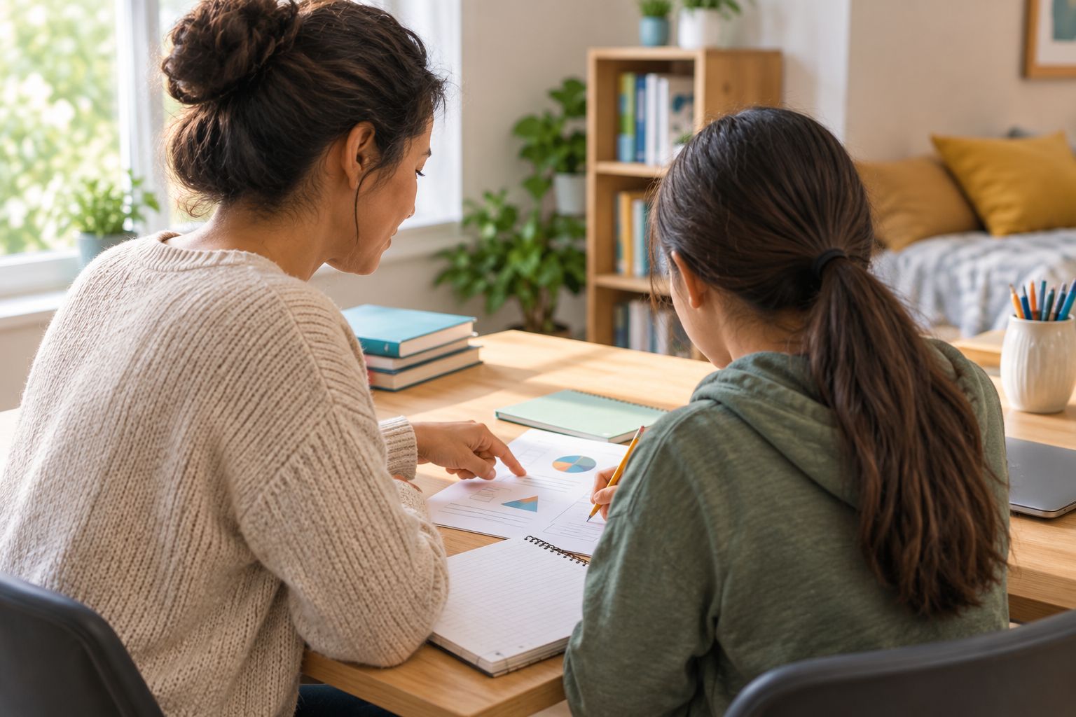 Parent and student working together at a home desk with a closed laptop nearby