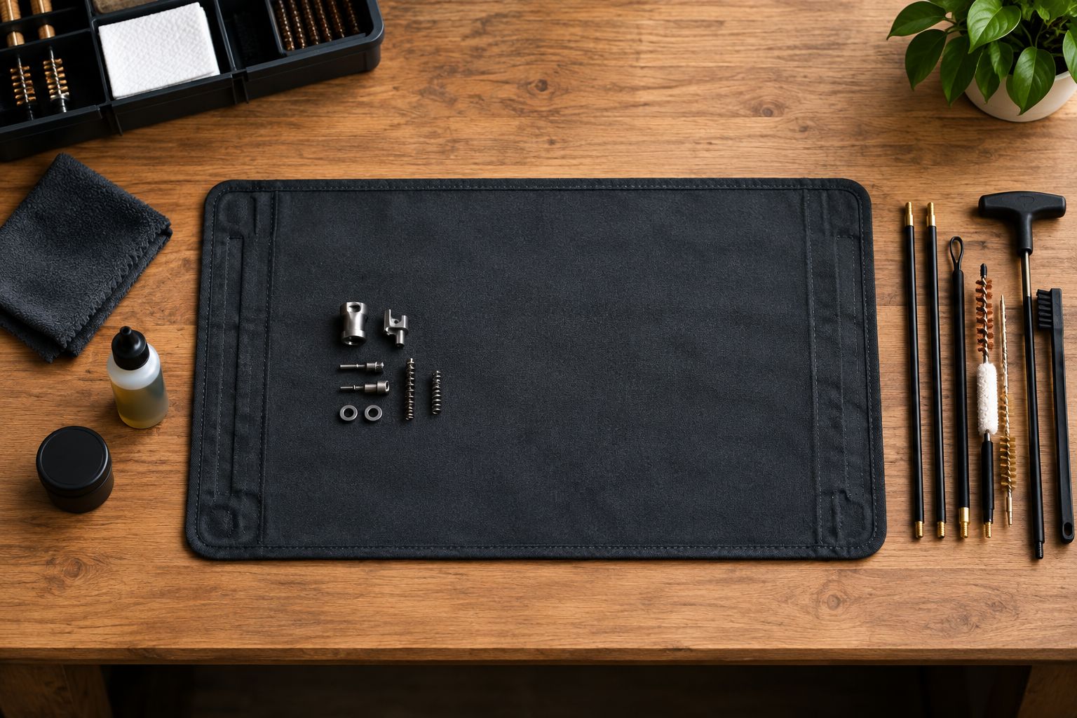 A fully supported bench mat with small components grouped on it and tools beside it