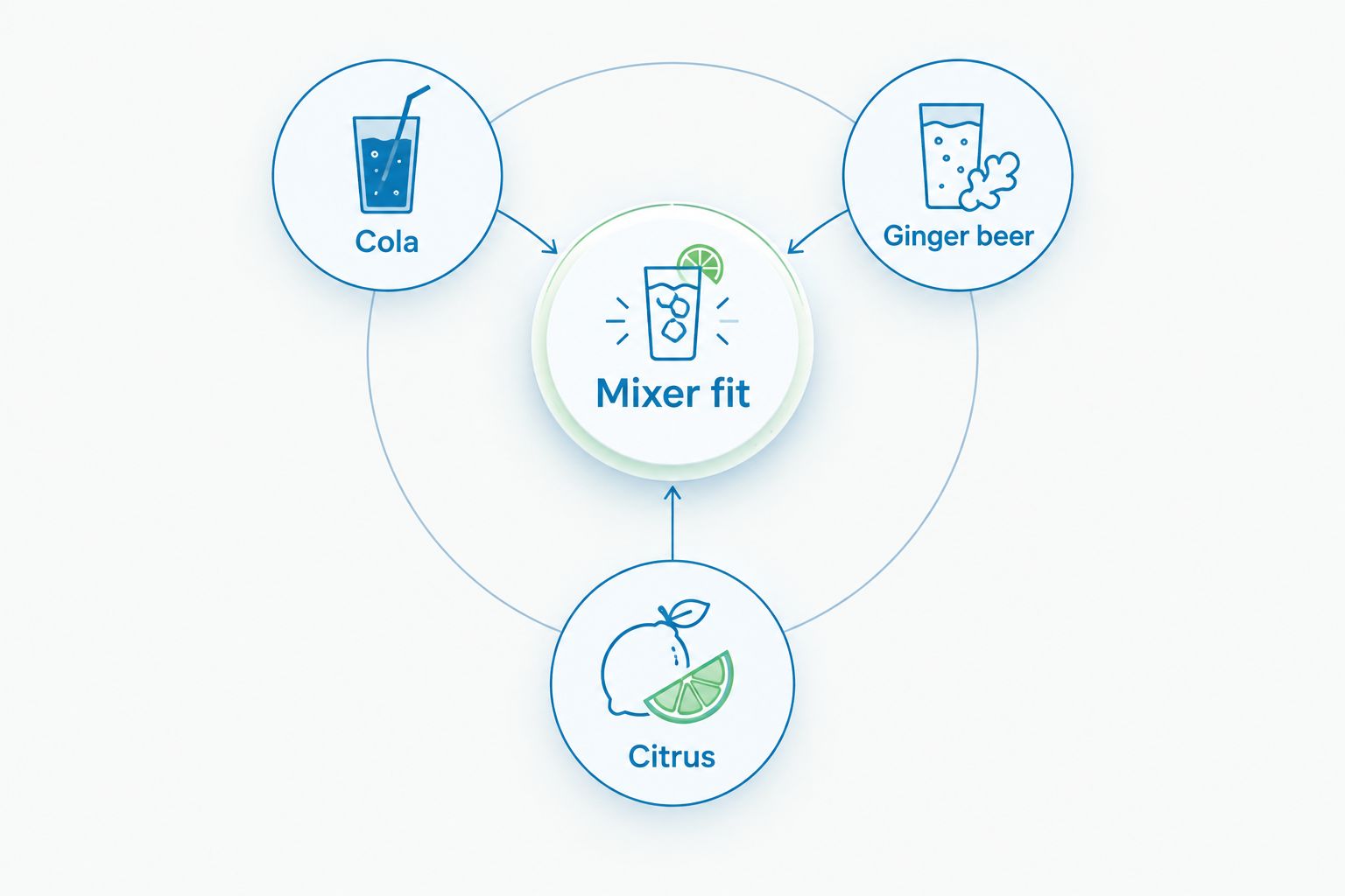 Mixer fit diagram showing cola, ginger beer, and citrus as starting points for choosing spiced rum
