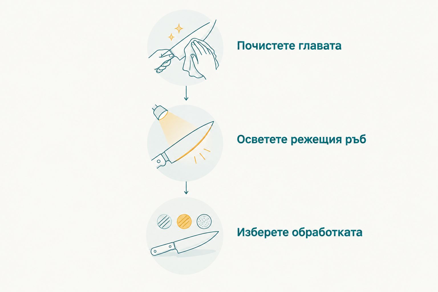 Последователност за почистване, оглед на режещия ръб и избор на обработка.