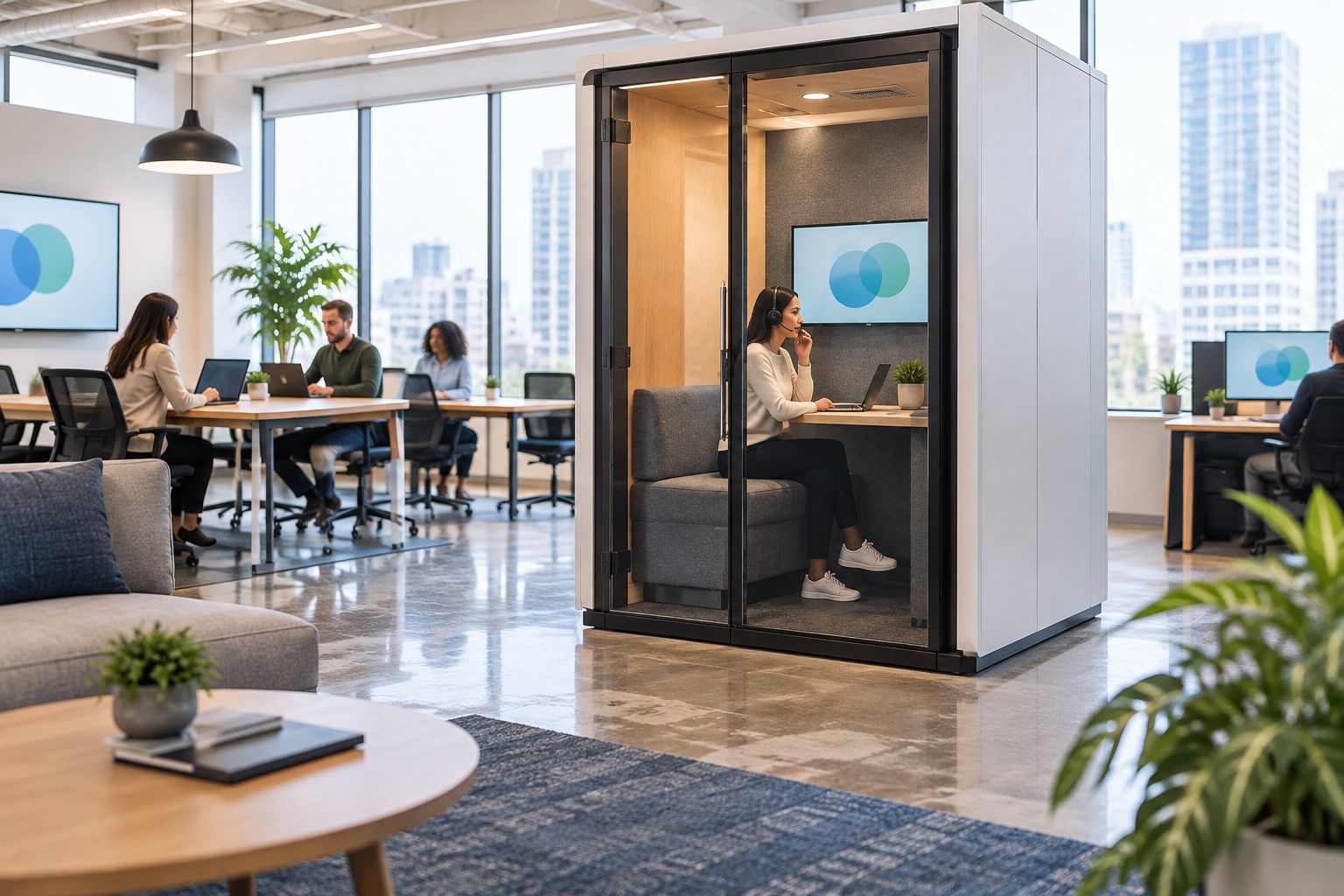 An individual taking a headset call in an enclosed booth beside shared office desks