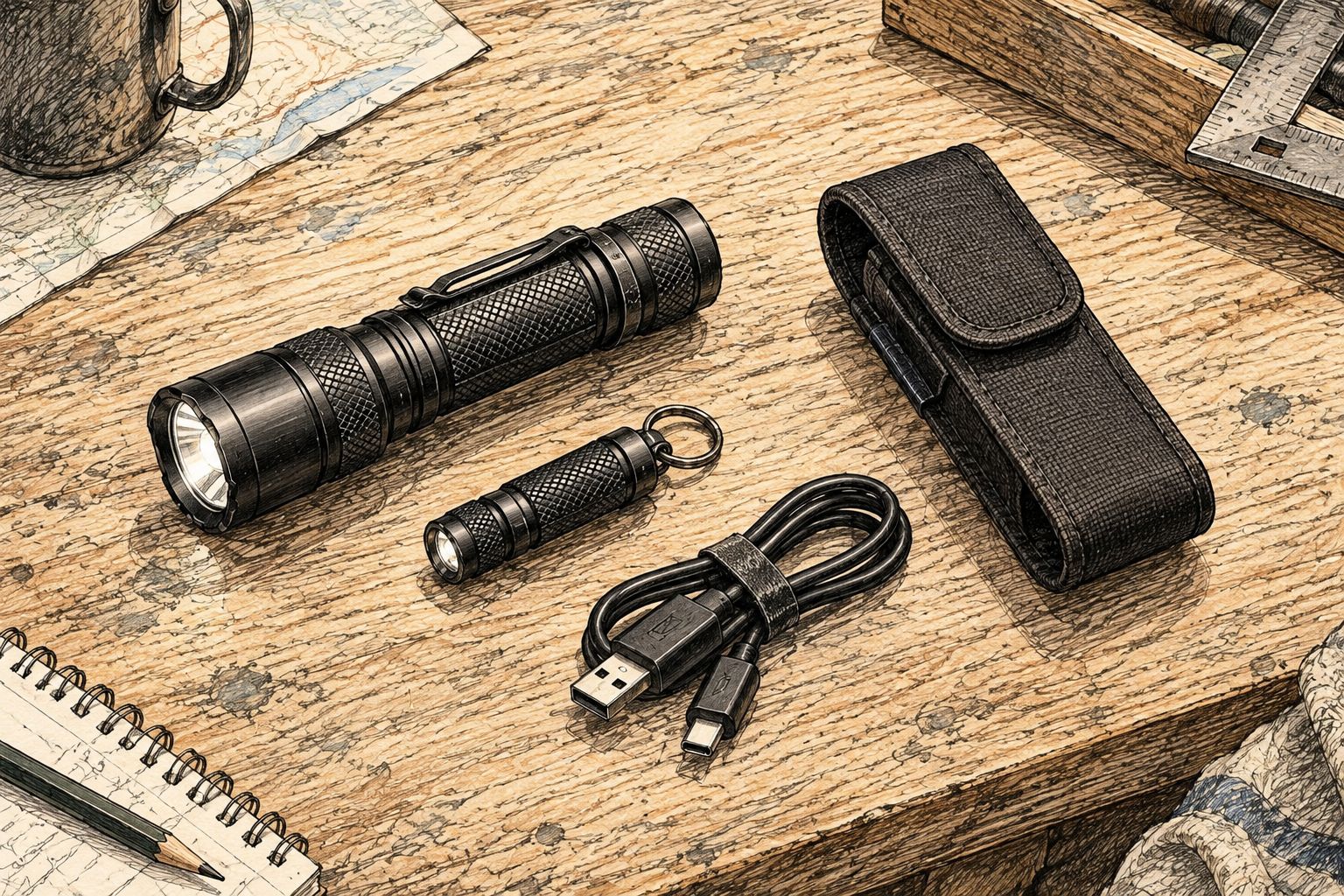 Handheld and keychain torches laid out beside charging and carrying accessories