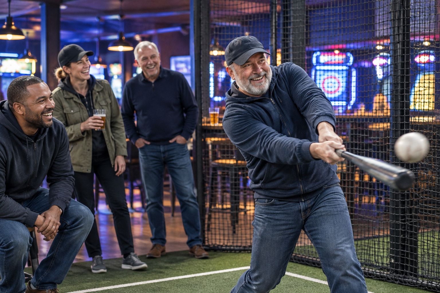 Group playing an indoor batting cage game together at a bar