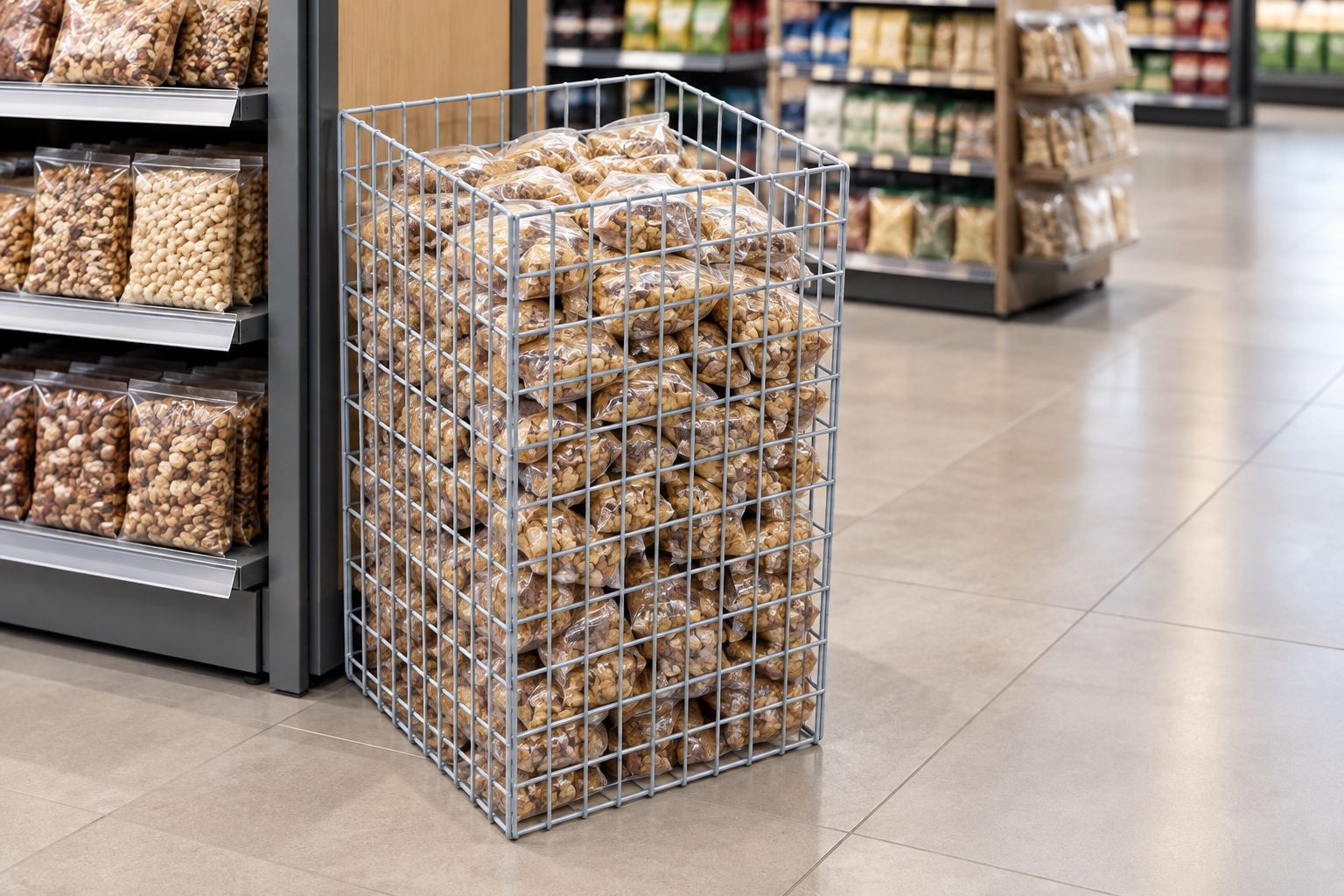 Compact wire display bin beside retail shelving with a clear customer route