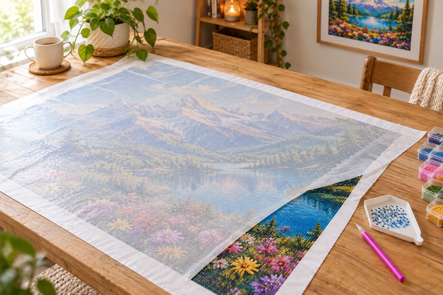 Large diamond painting supported on a craft table with a small working area and tools beside it.