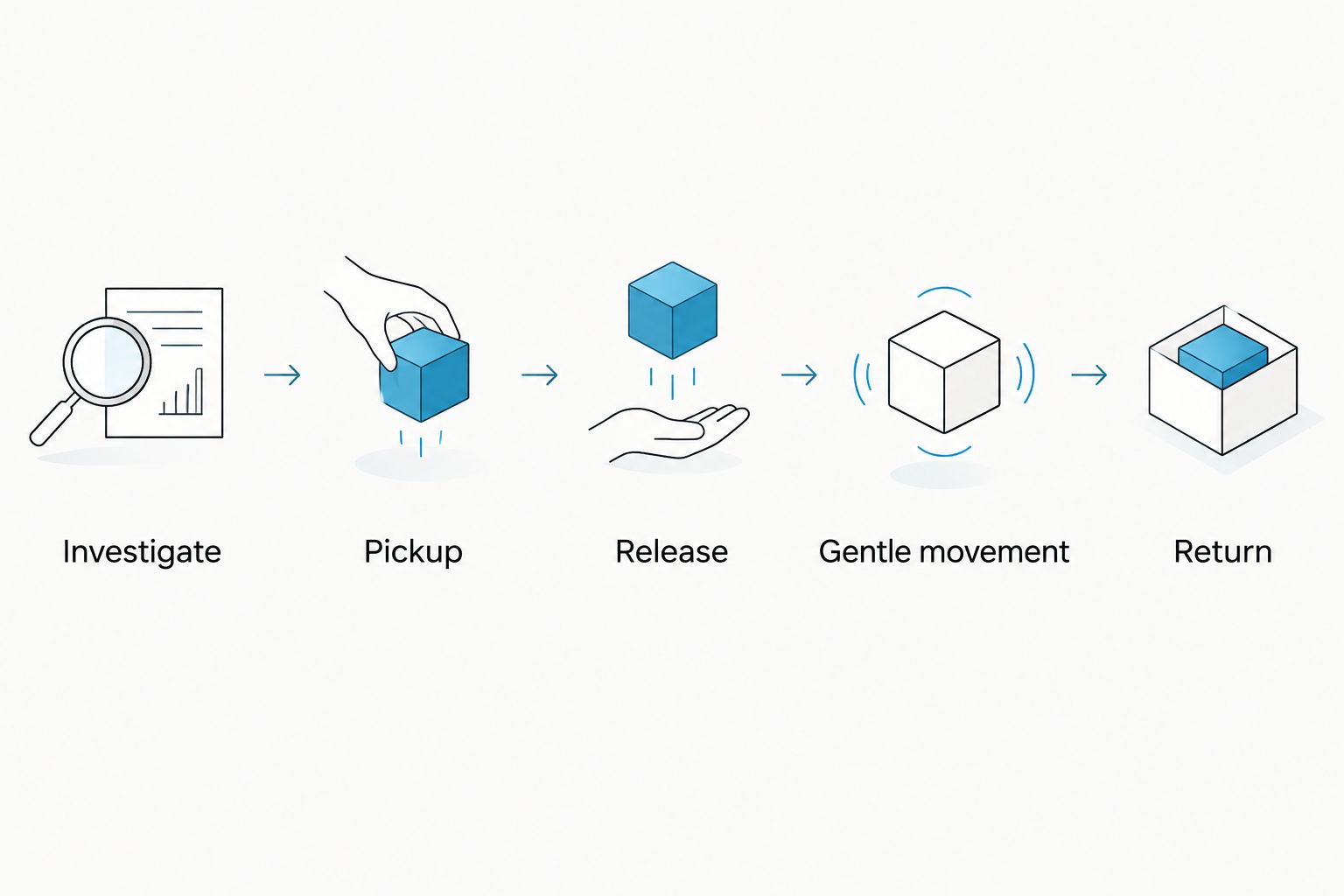 Beginner disc training sequence from investigation through pickup, release, gentle movement, and return