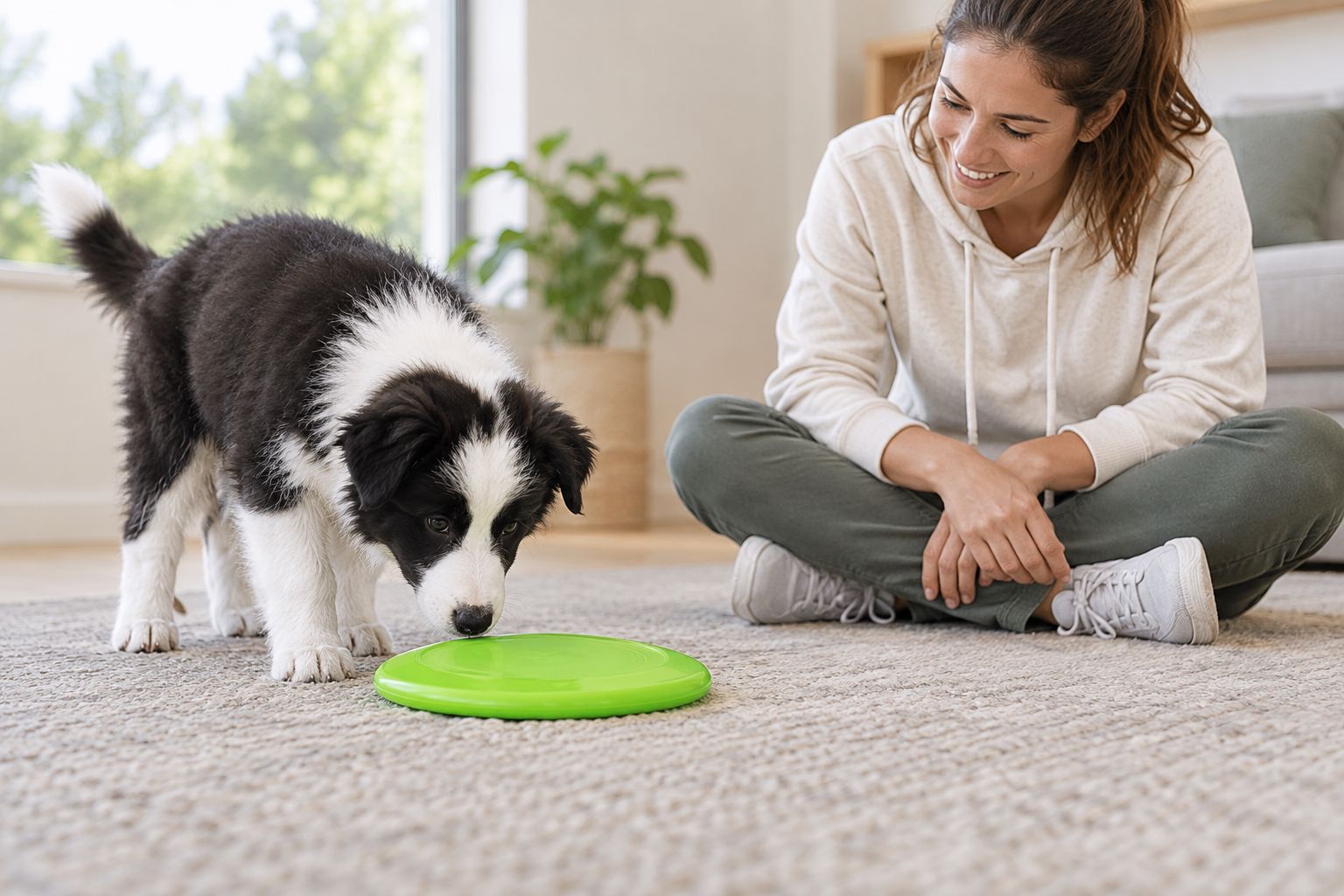 A dog investigating a stationary flying disc in a quiet room while a handler gives it space
