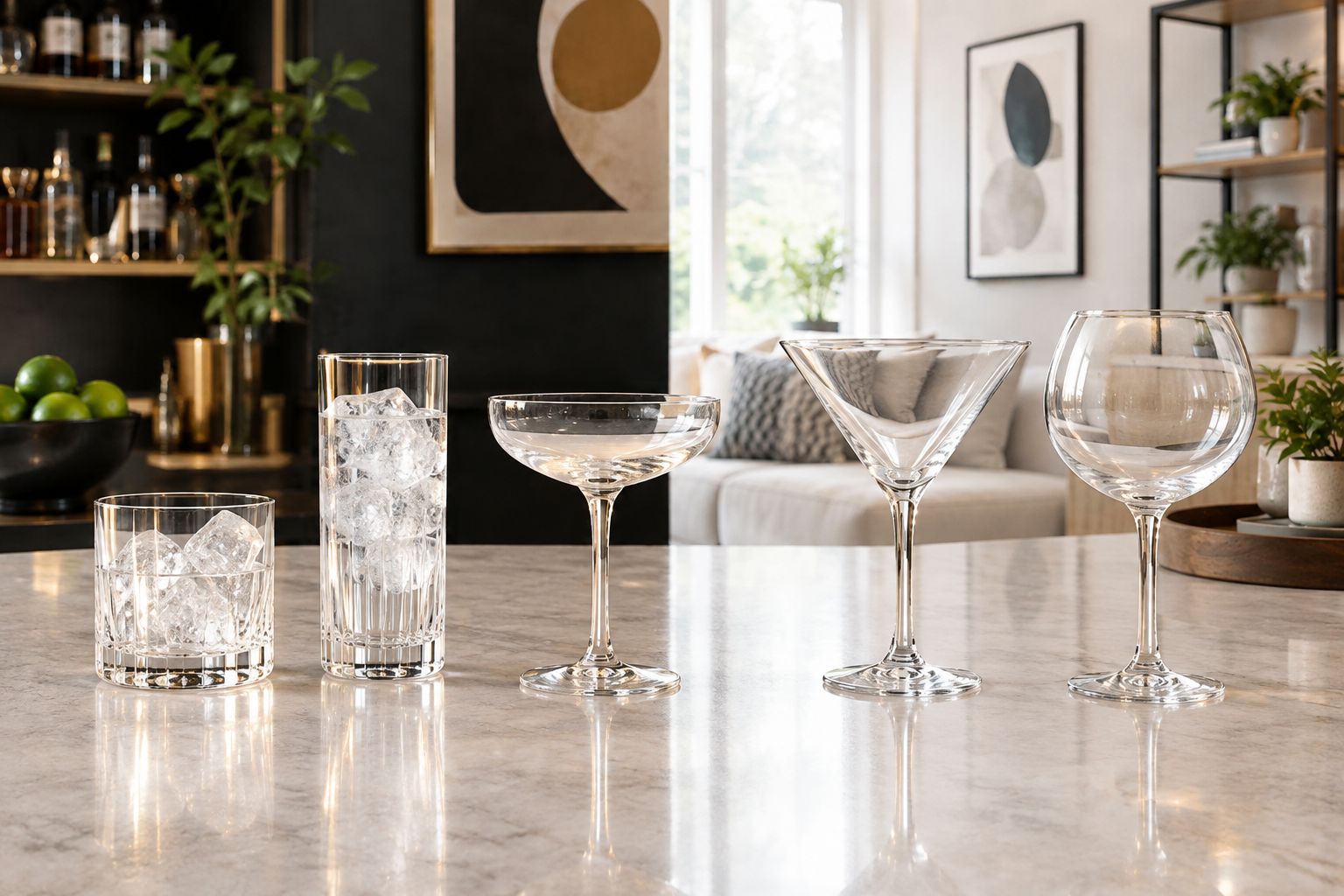 Rocks, highball, coupe, martini, and rounded stemmed glasses showing different bowl shapes