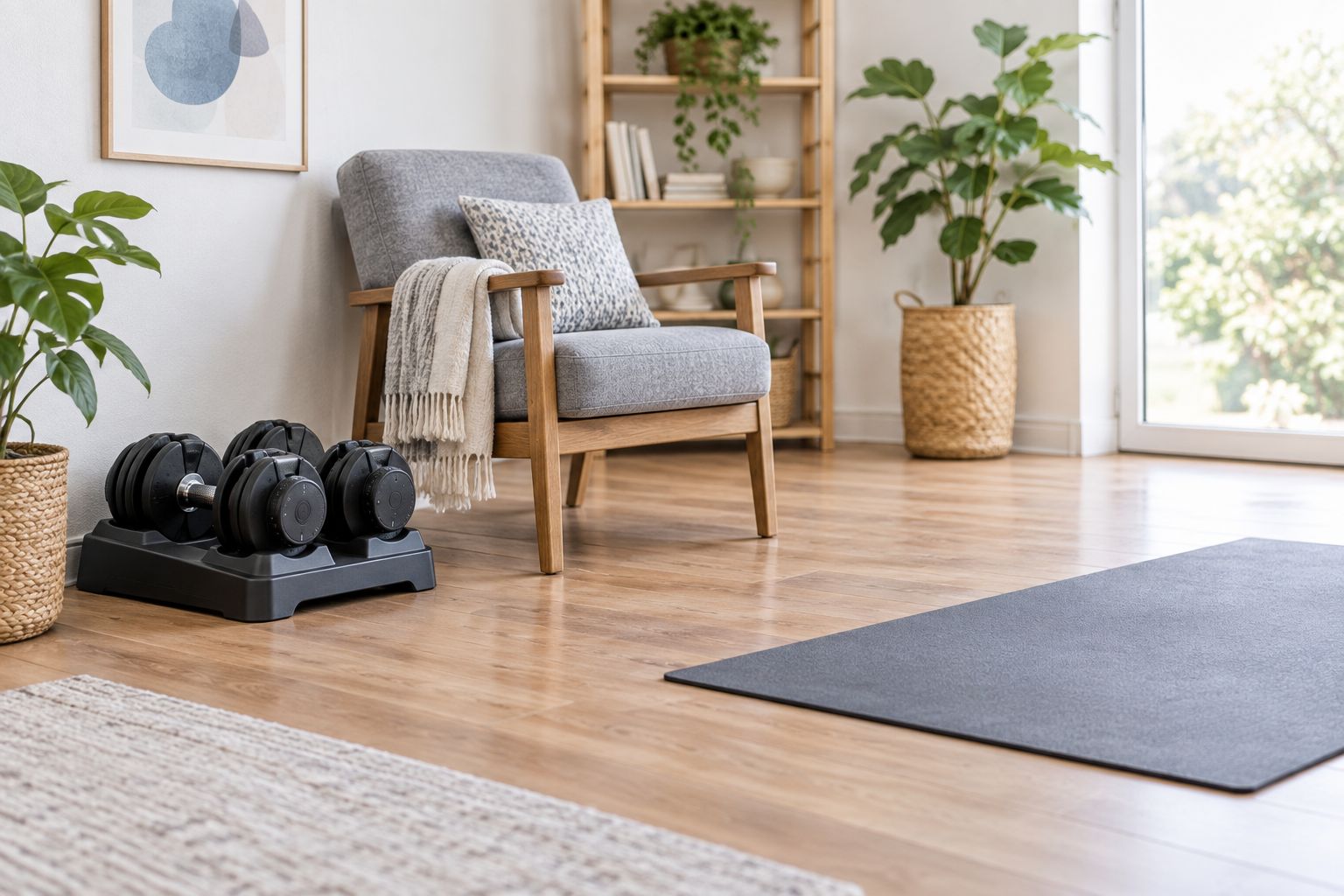 Dumbbells stored beside a sturdy chair with a clear walking route