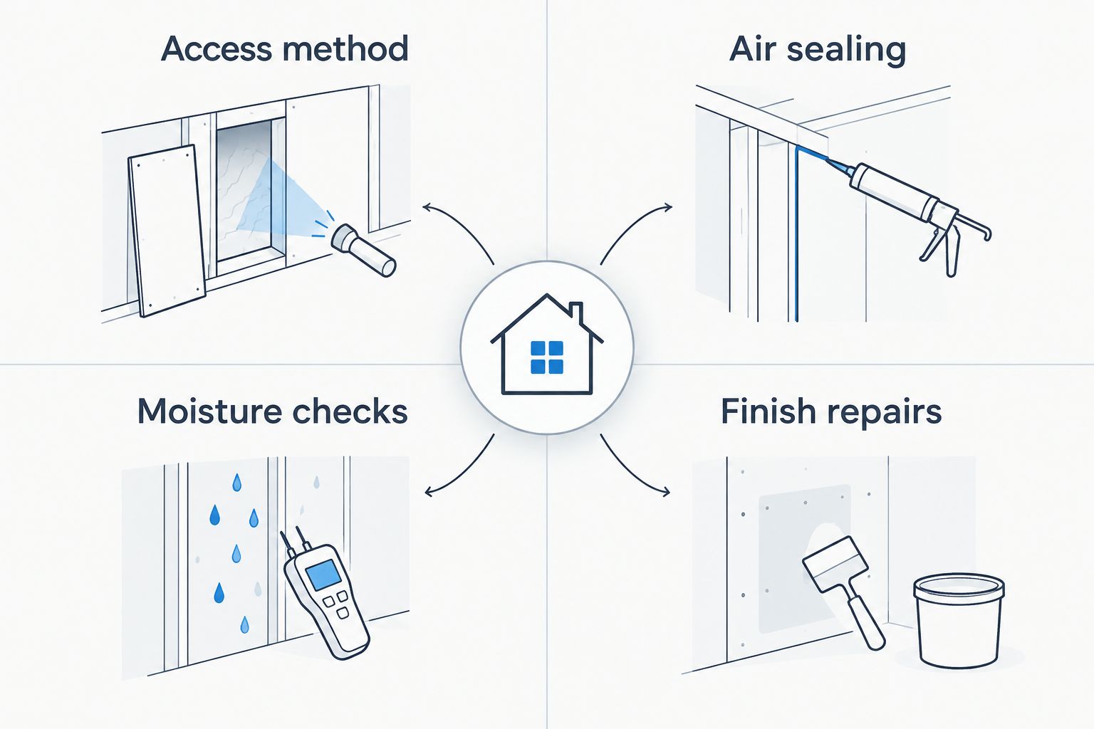 Four insulation proposal checks: access method, air sealing, moisture checks, and finish repairs