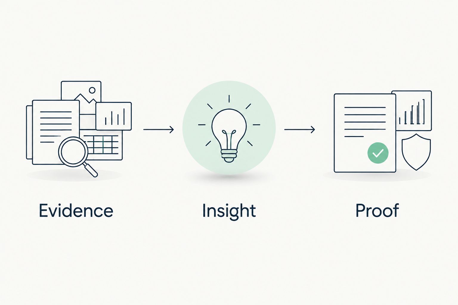 Illustrative sequence separating observed evidence, business interpretation, and verification proof