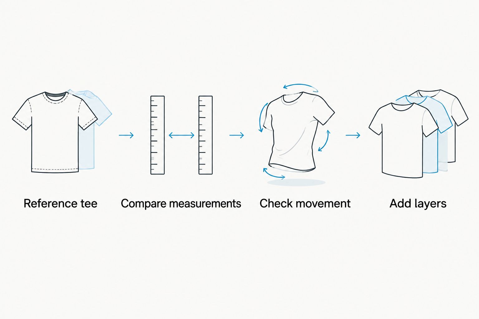 Four fit checks: reference tee, measurements, movement and layers