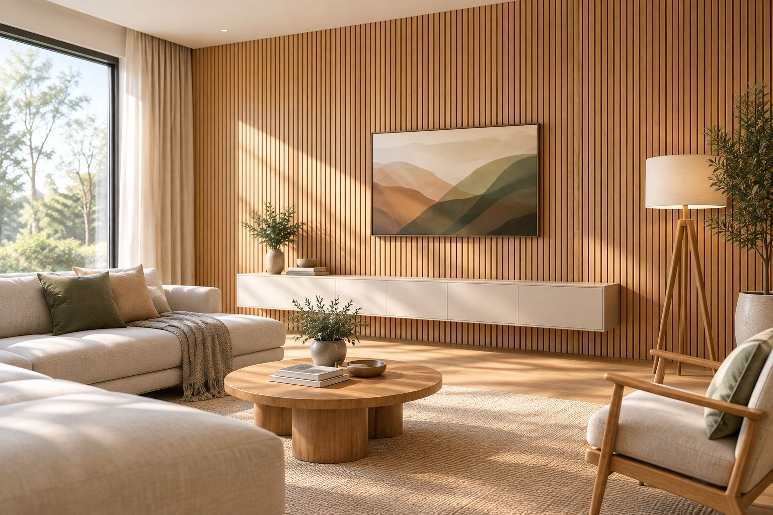 Mur de salon habillé de panneaux en chêne naturel