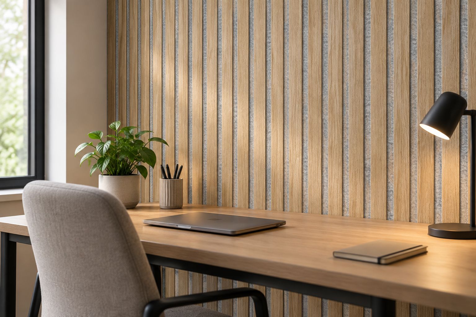 Panneau acoustique chêne naturel avec feutre gris installé dans un bureau à domicile