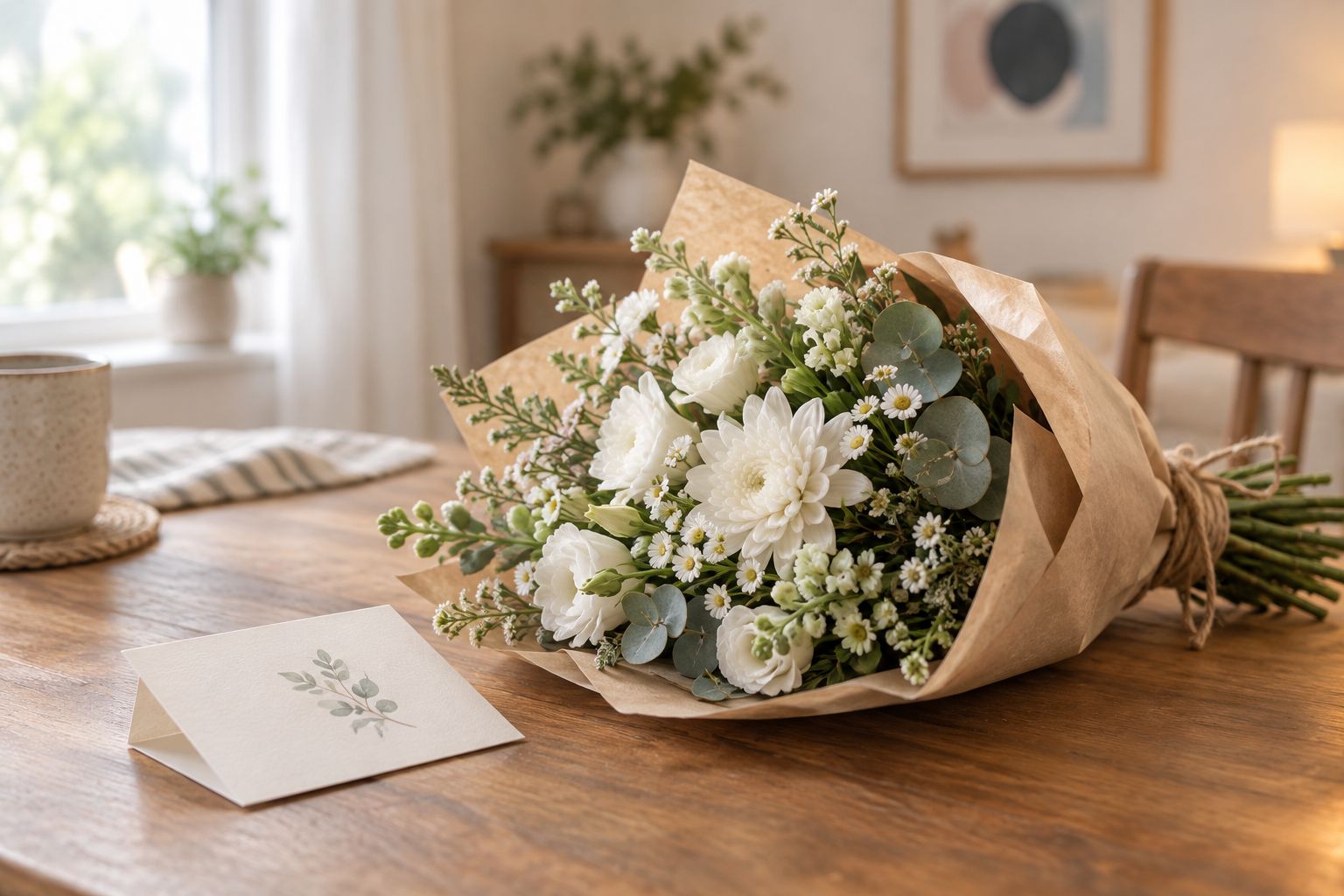 White and green hand-tied bouquet with a card on a kitchen table