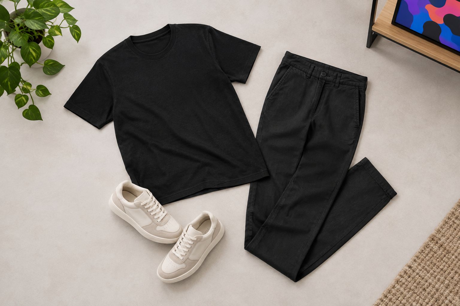 An unbranded T-shirt, trousers, and sneakers arranged as a complete outfit