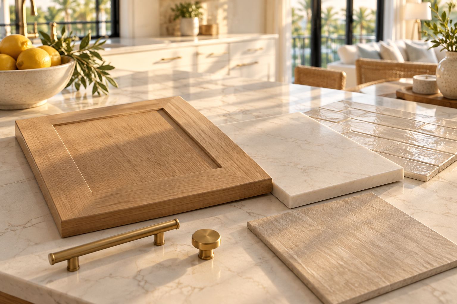 Cabinet, countertop, backsplash, floor tile and hardware samples viewed together