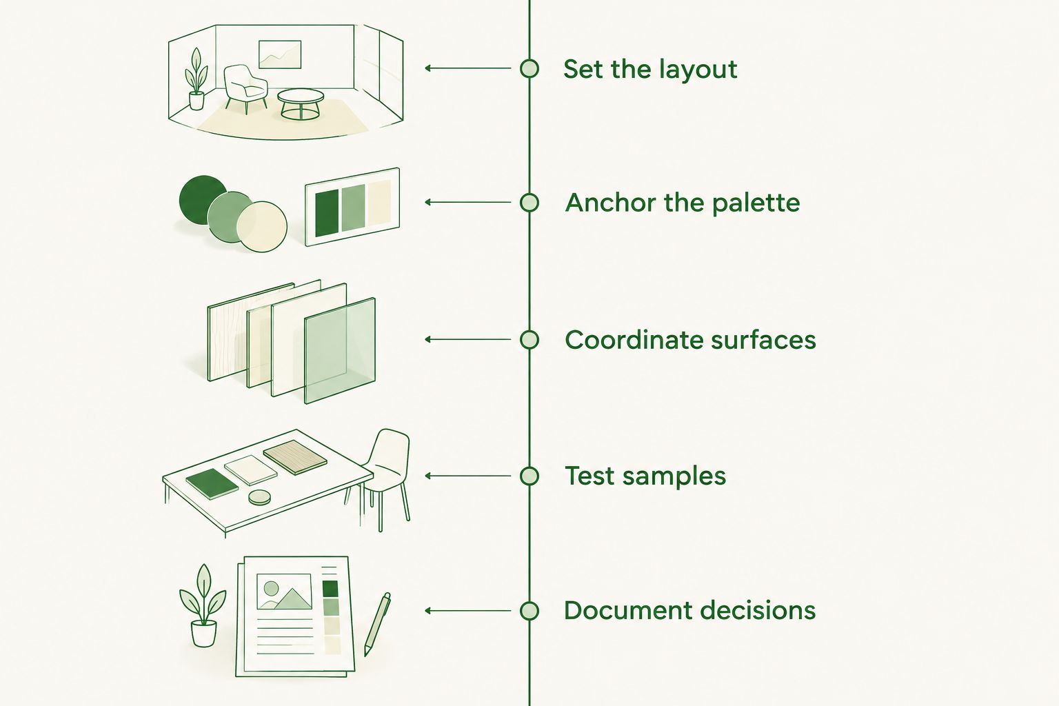 Finish selection sequence from kitchen layout through documented material decisions