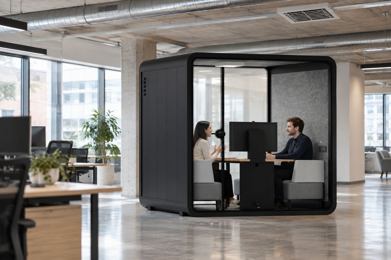 Meeting booth positioned away from a ceiling air conditioning vent in an open-plan office