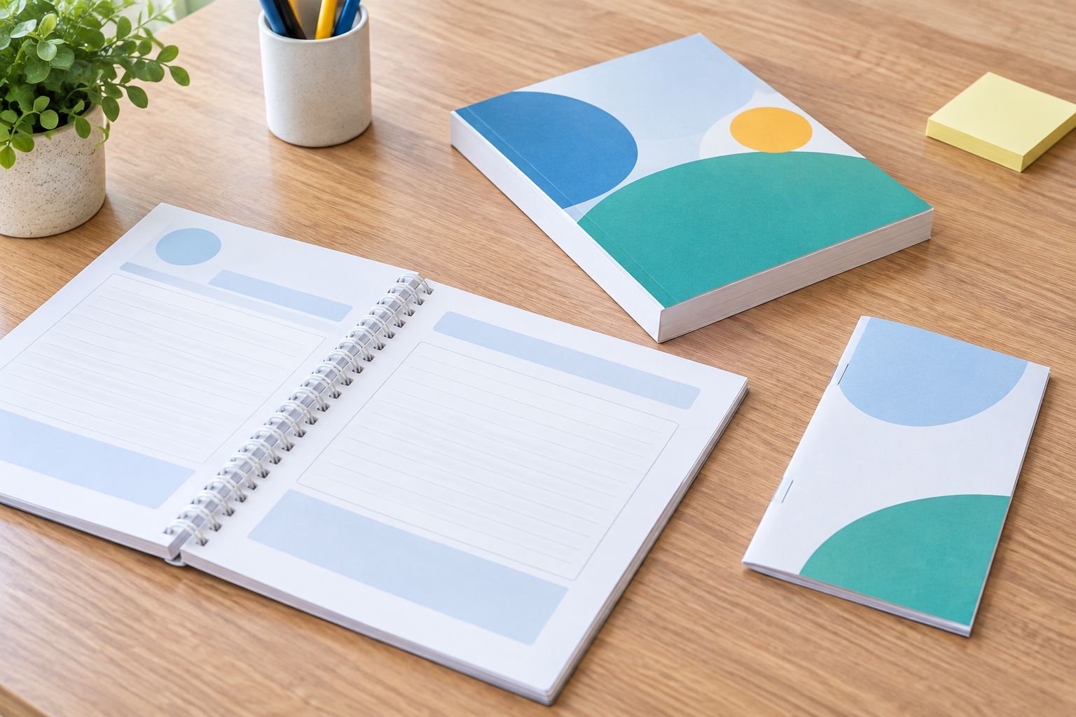 A coil-bound workbook, adhesive-bound paperback, and stapled booklet showing different binding edges.