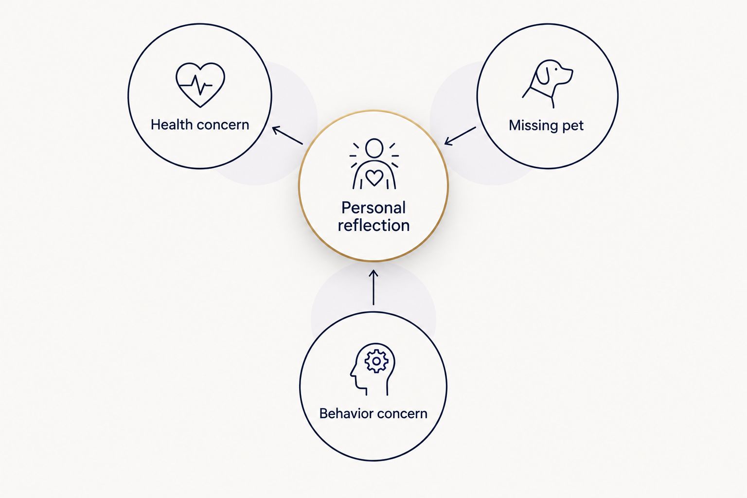 Separate categories for personal reflection, health concerns, missing pets, and behavior concerns