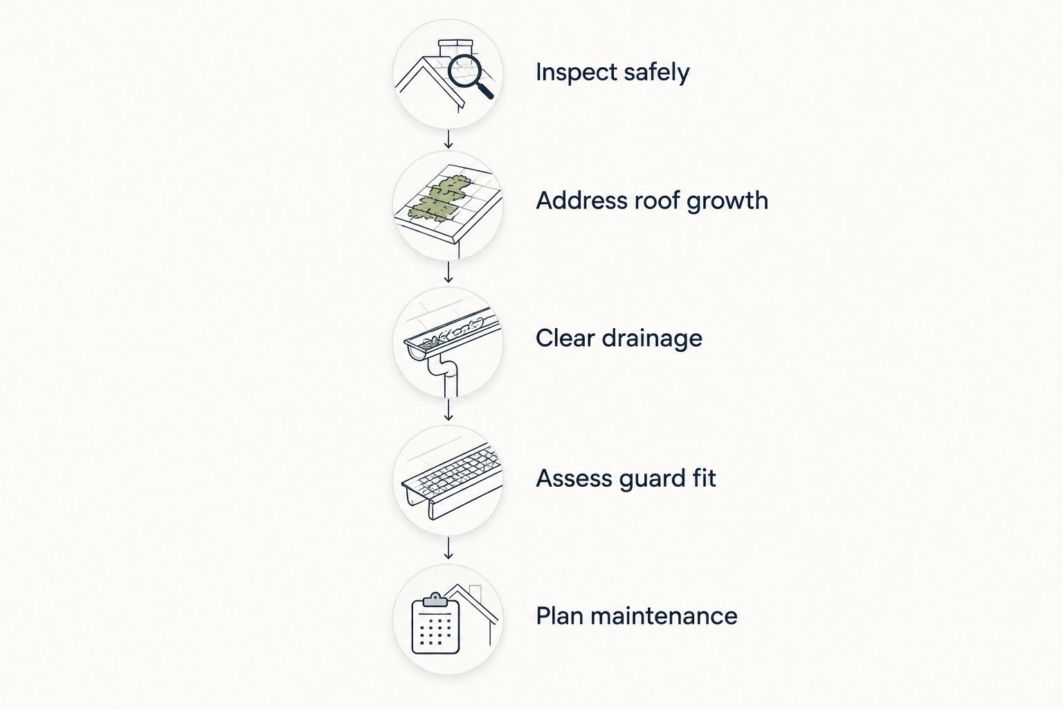Sequence from inspecting roof moss to clearing drainage and planning gutter guard maintenance