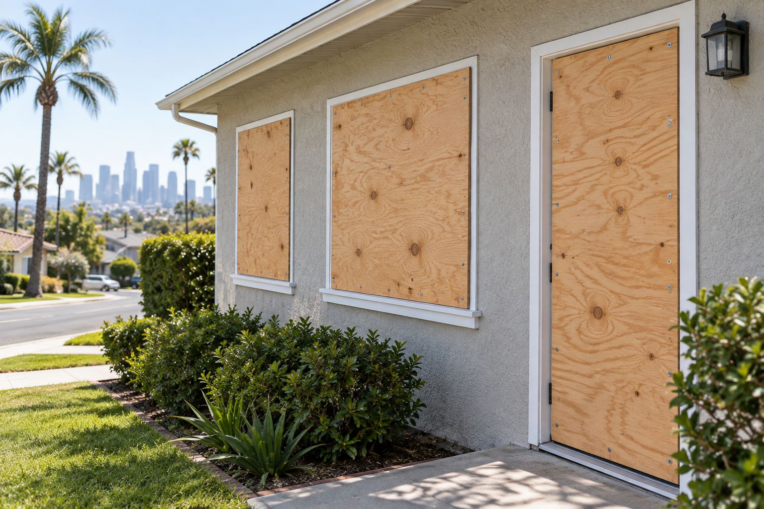 Suburban home with plywood boarding over multiple windows and a door