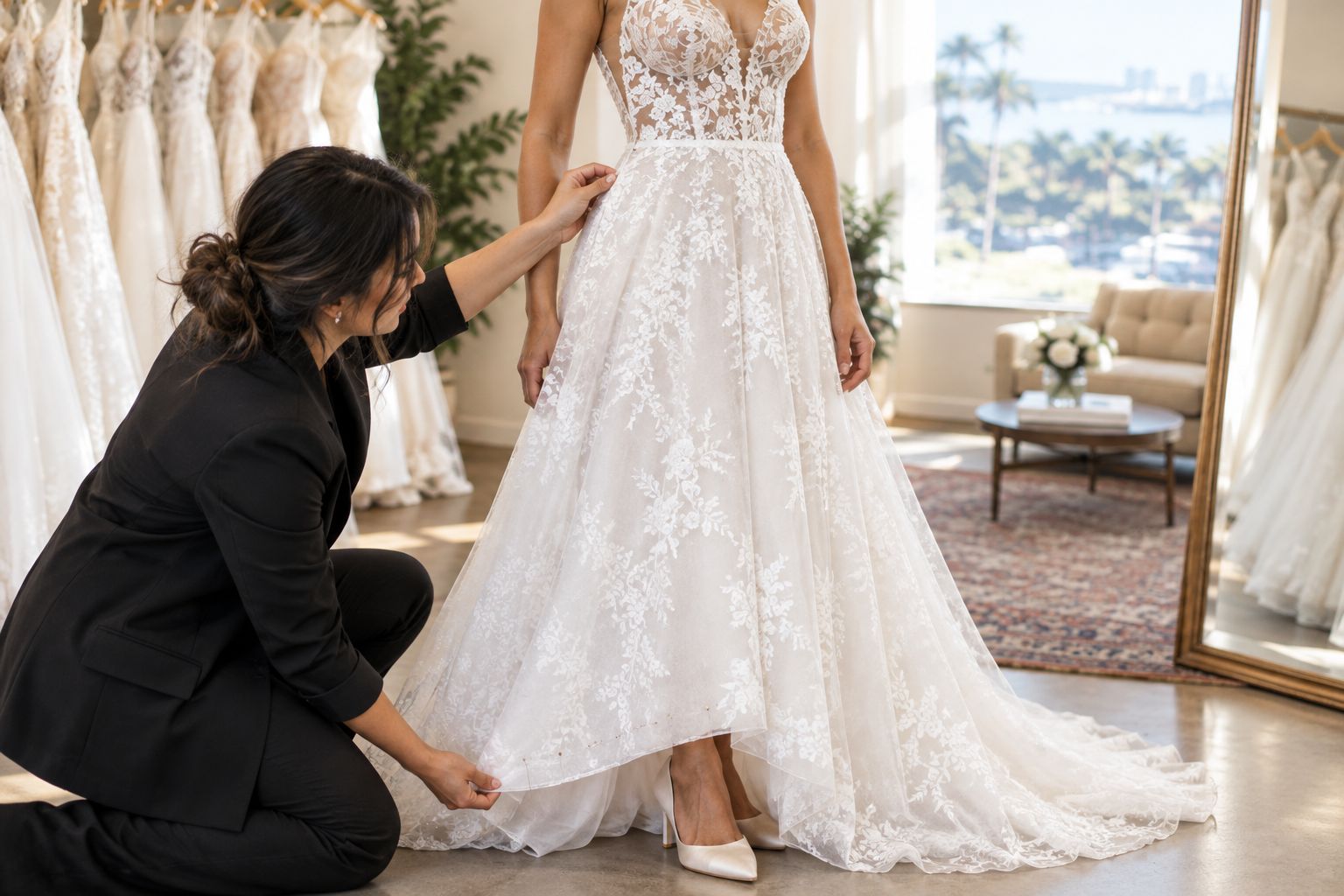 A wedding gown fitting showing inspection of the side seam and pinned hem